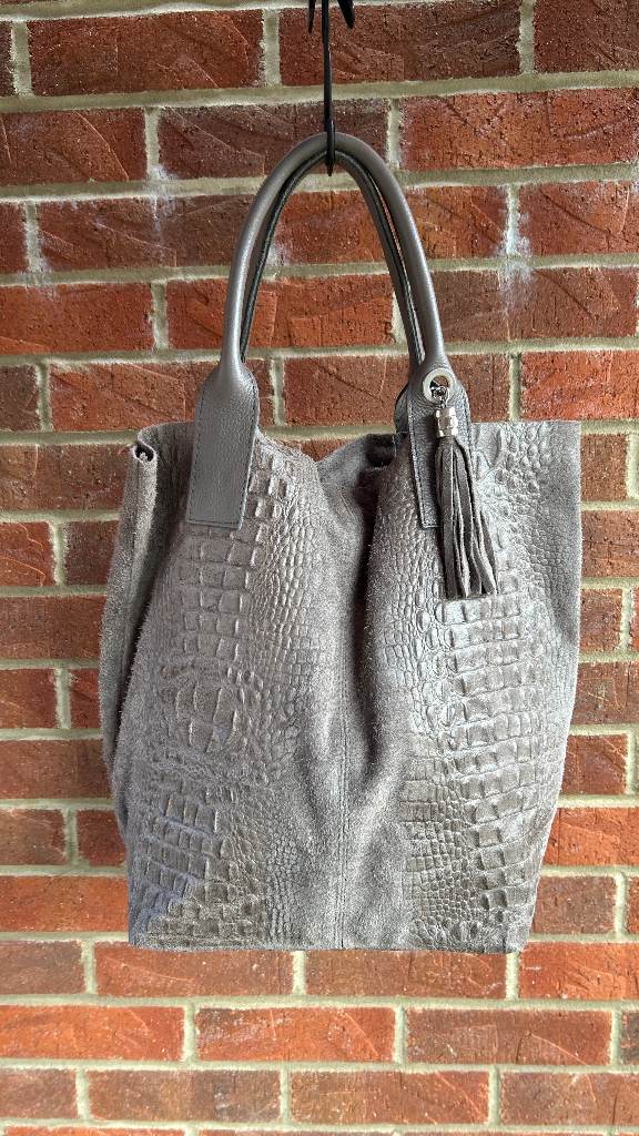 Women's Italian Grey Croc Suede Leather Tote Shopper Shoulder Tassel Bucket Bag