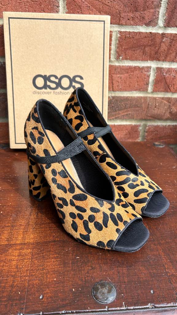 Asos Women's Real Leather Leopard Cowhide Pony Block High Heels Peep Toe Shoes UK 6 EU 39 New