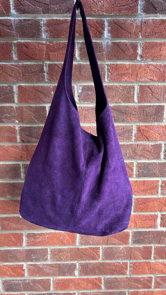 Women's Italian Violet Plum Purple Real Suede Slouchy Hobo Shoulder Bag
