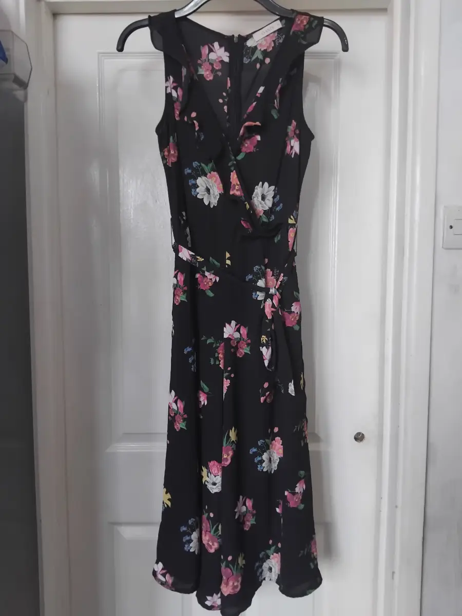 Oasis Black Floral Wrap Ruffle Summer Wide Leg Culotte Jumpsuit - Size UK 12