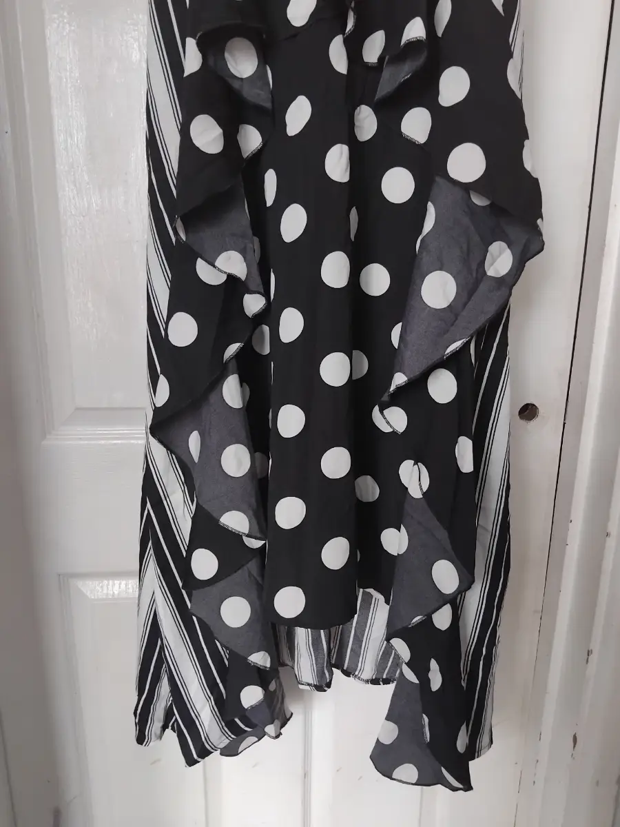 Pretty Little Thing Black&White Mixed Print Stripe Polka Dot Ruffle Summer Midi Dress - Size UK 10