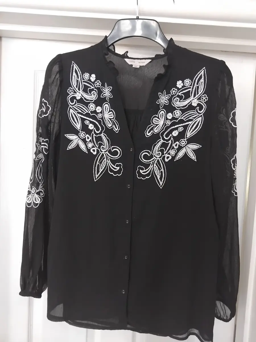 Love & Roses Black Embroidered Long Sleeve Blouse - Size UK 12