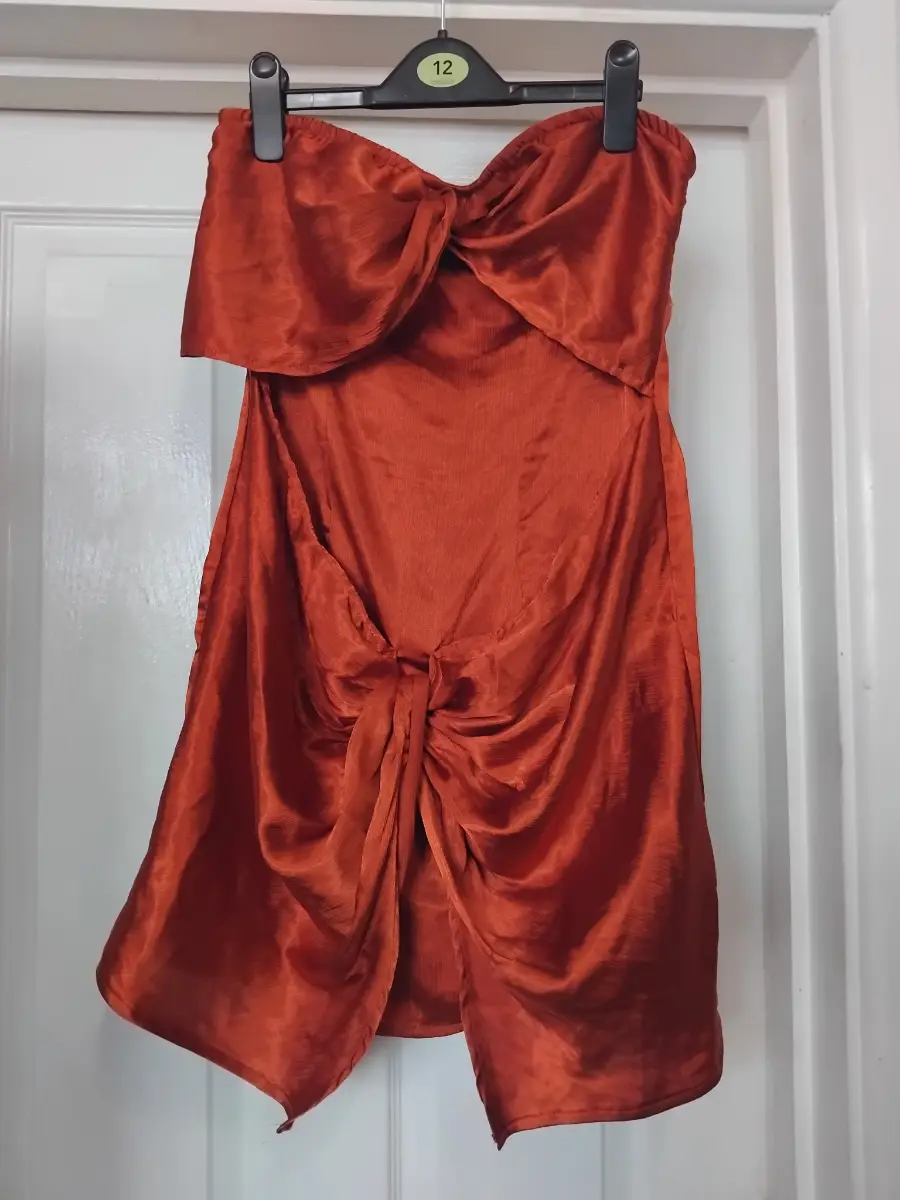 Pretty Little Thing Burnt Orange / Rust Colour Bandeau Knot Front Mini Dress - Size uk 12