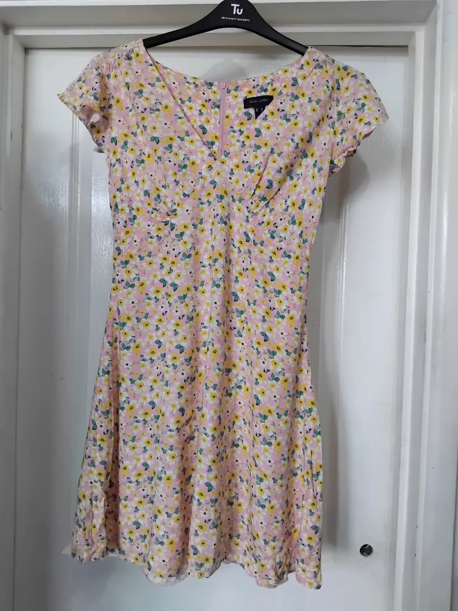 New Look Pink Floral V Neck Mini Summer Dress With Tie Belt - Size UK 10