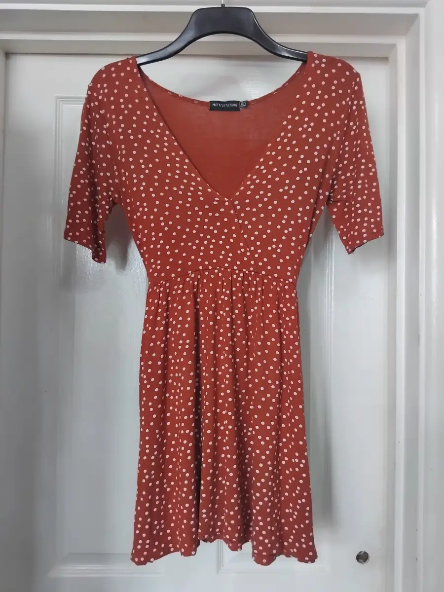 Pretty Little Thing Terracotta / Rust Orange Colour Polka Dot Mini Summer Dress - Size UK 12