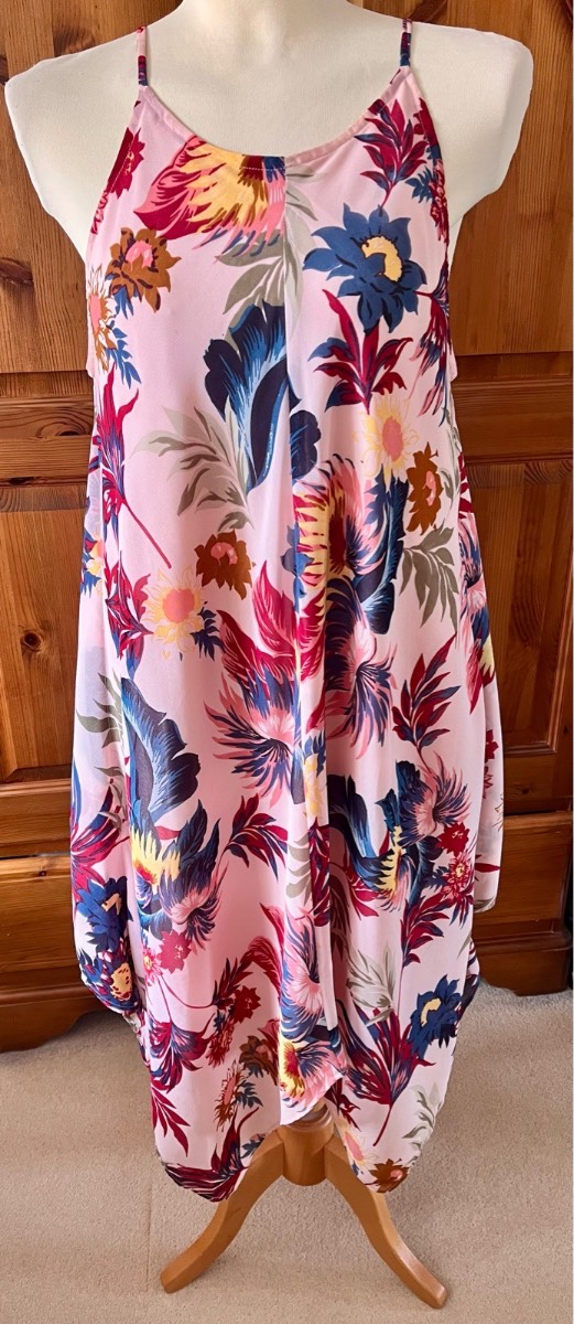 Klass strappy pink tropical print asymmetric midi trapeze dress size 16