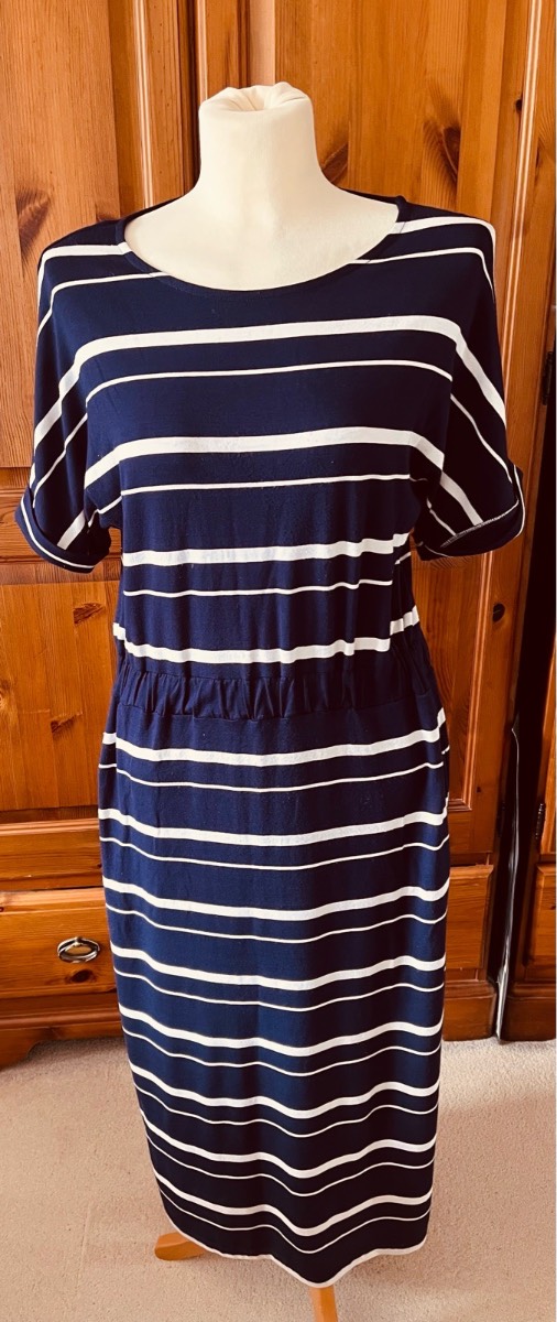 Warehouse short sleeved navy & white striped maxi dress size 12