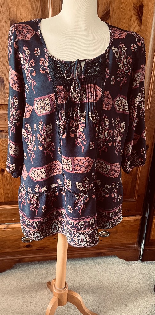 M & S Indigo dark patterned peasant style blouse size 14