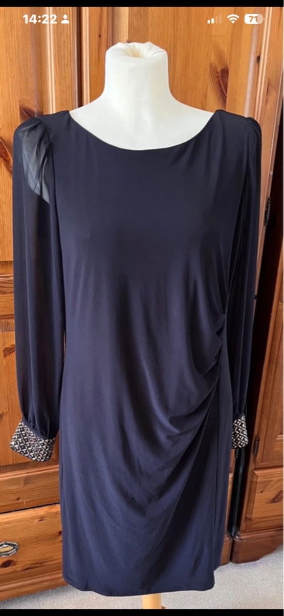 Roman long sleeved black dress cocktail cruising eveningwear size 14 NWT