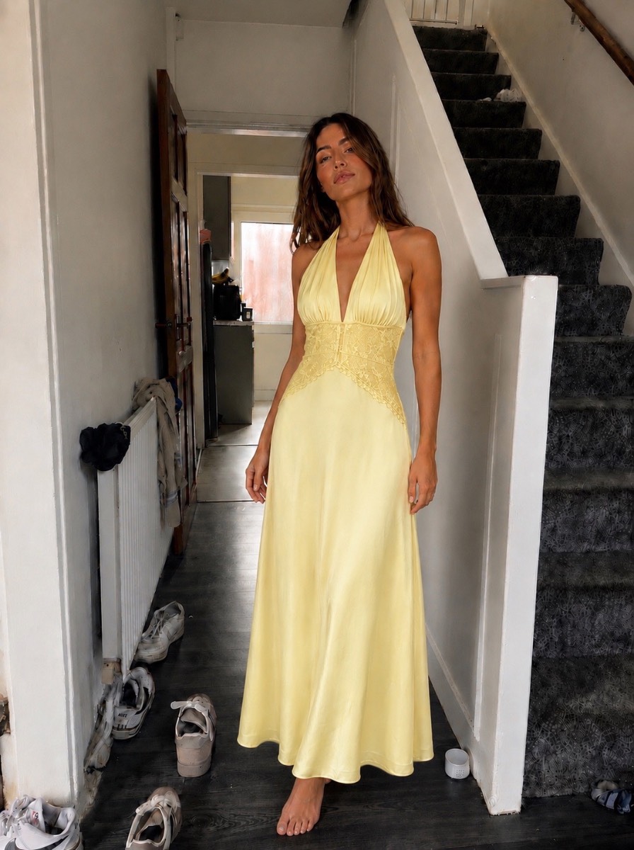 Butter yellow satin dress uk12-14