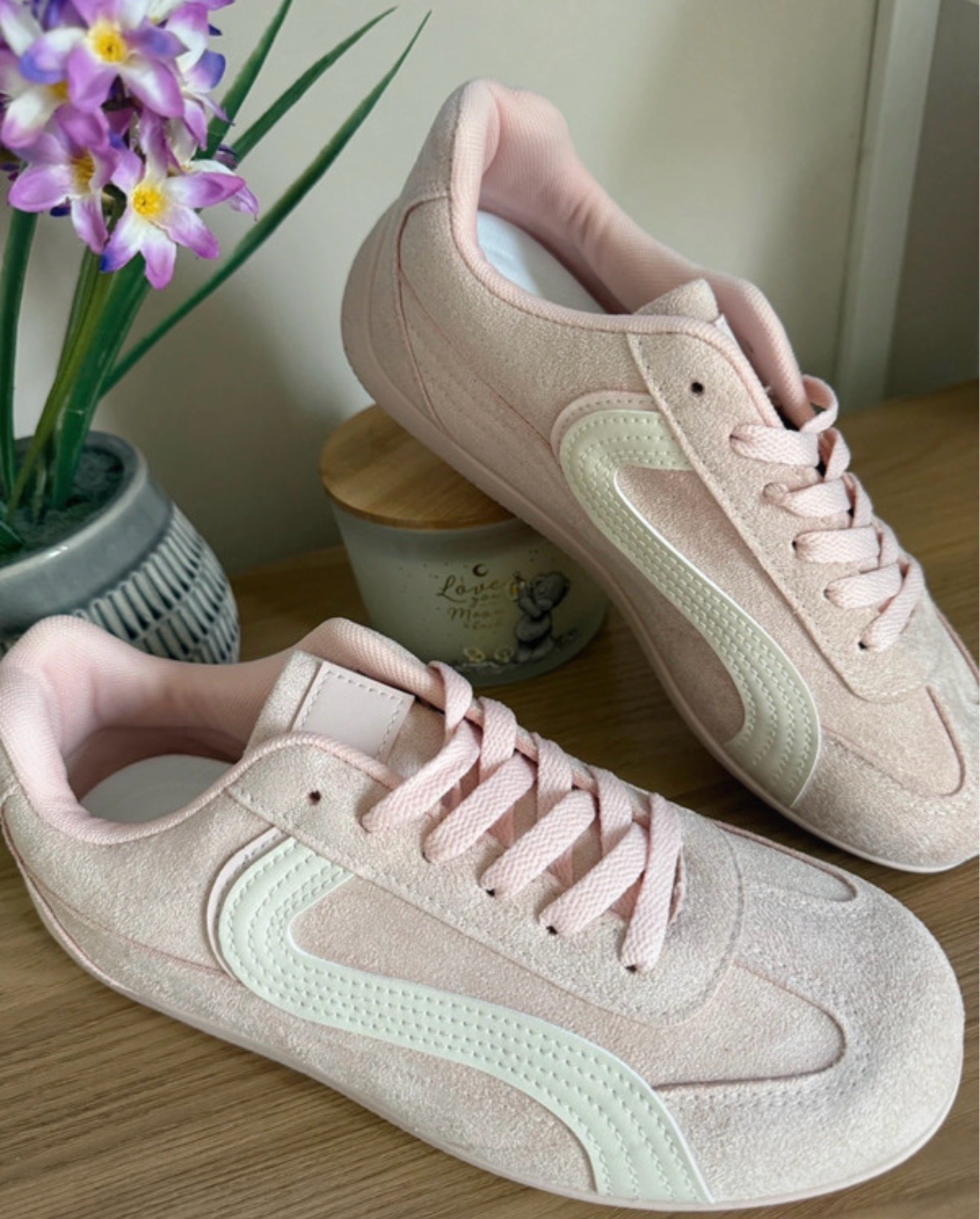 Ladies Pink Stripe Faux Suede Trainers
