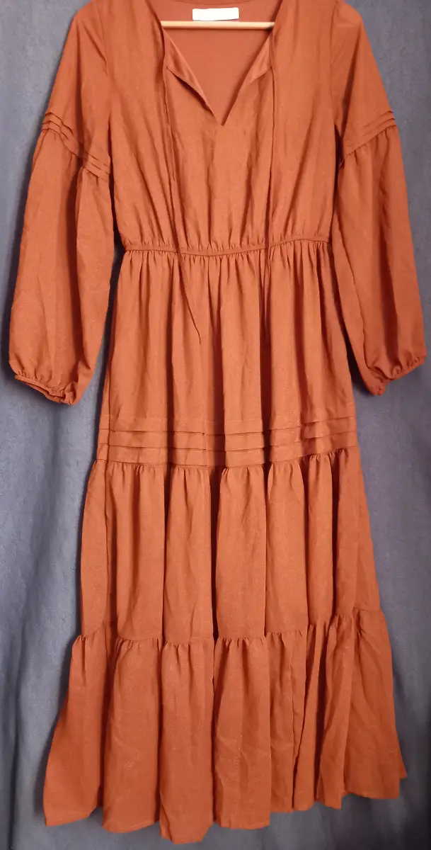 Women's Long Puff Sleeve V Neck  Midi Dress