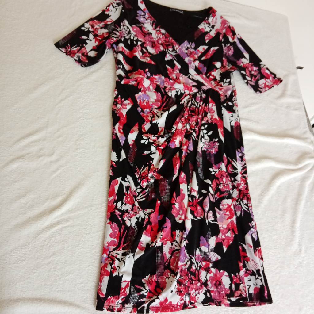 David Emanuel Black Pink Floral Wrap Style Dress - Size 16