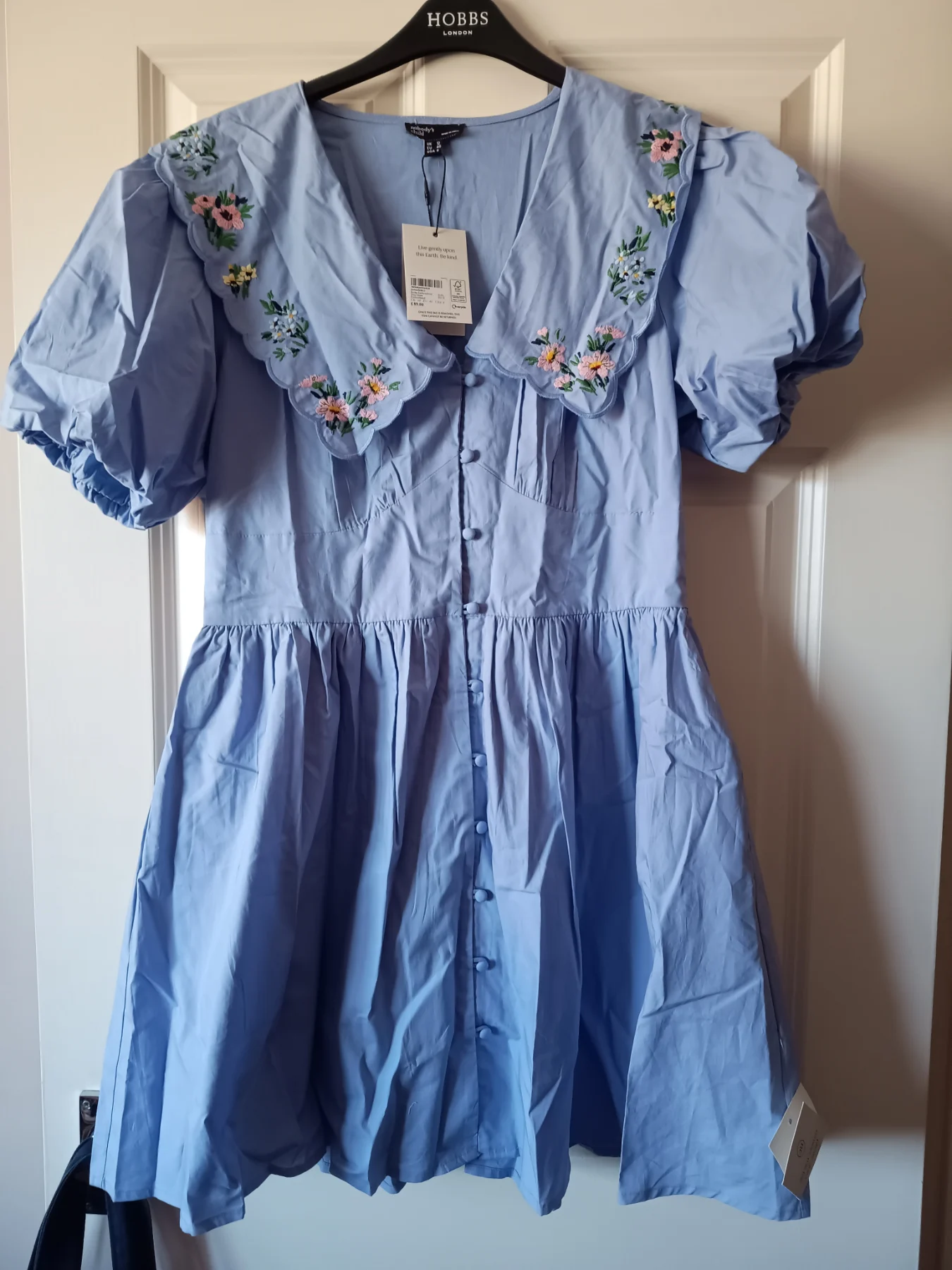 Nobody's Child Floral Blue Embroidered Scalloped Collar Mini Dress Size 12 BNWT