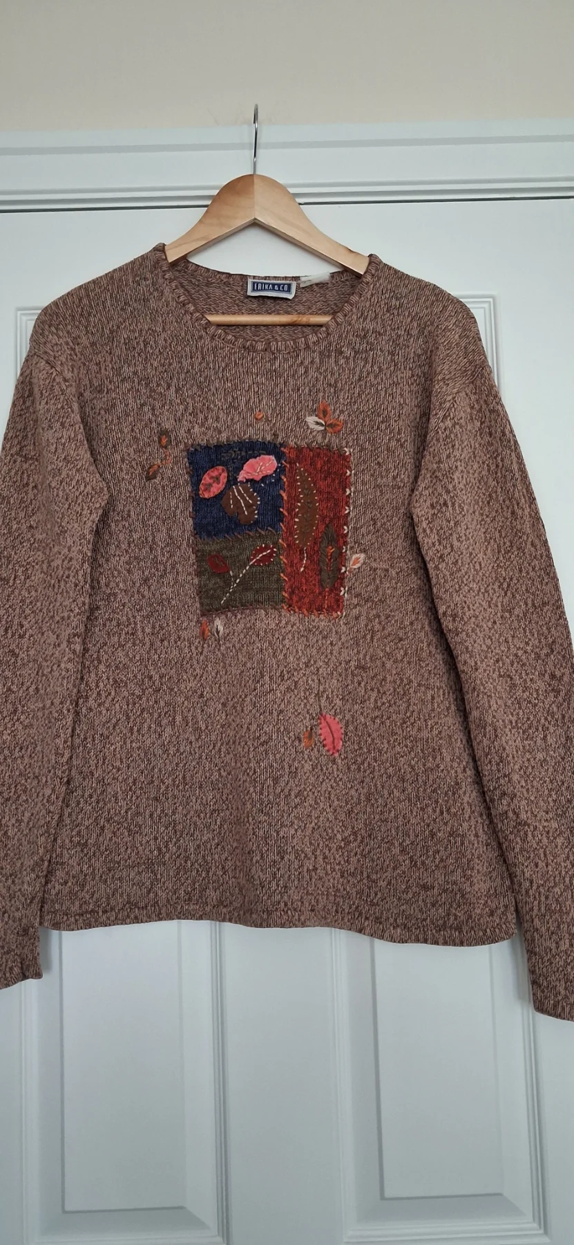Erika and Co Autumnal Patchwork Applique Ramie and Cotton Sweater