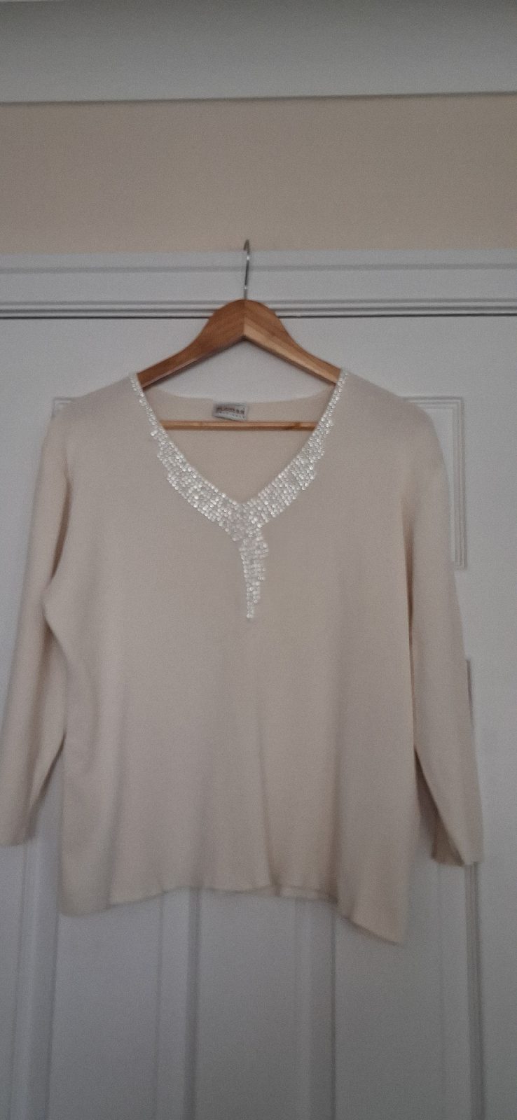 Roman Originals Cream Stretch Diamante V-Neck Top - Size 16