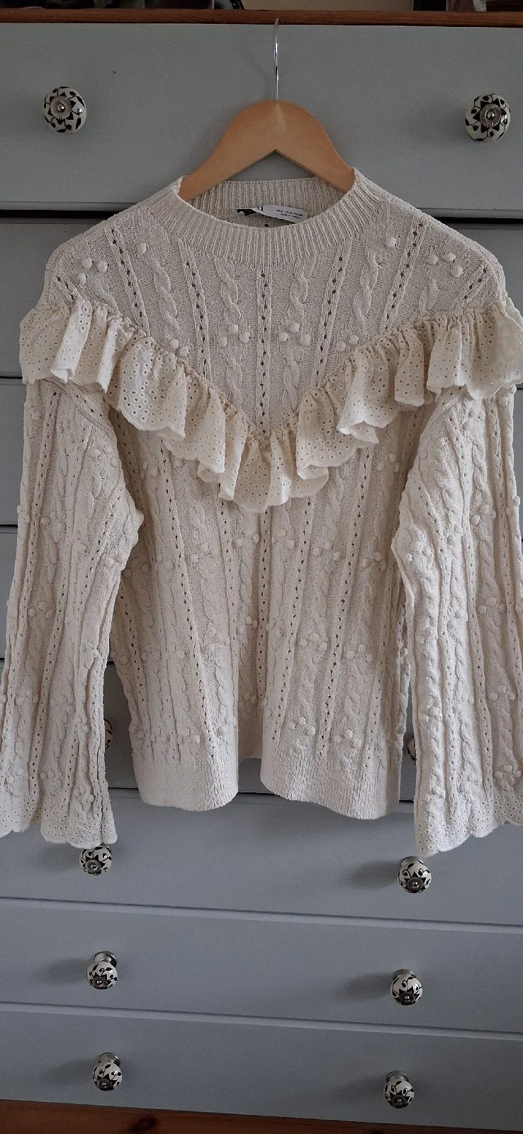 Zara Cream Cable Knit Jumper Ruffle Frill Pom Pom Boho Sweater S fits Medium