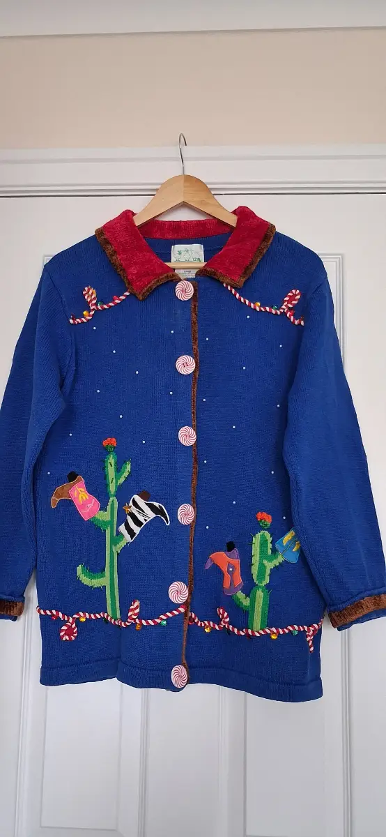 Vintage Quacker Factory Cardigan Blue Cactus Cowboy Boots Size L