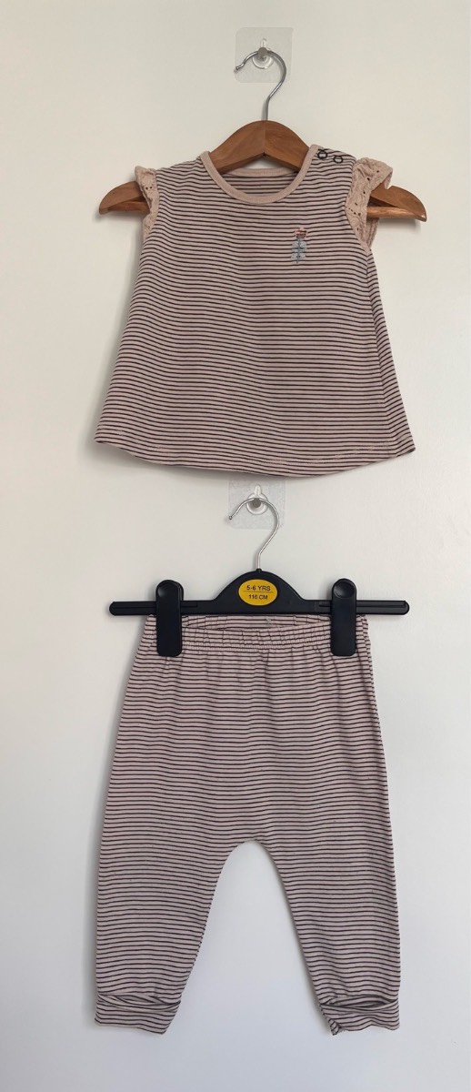 TU Baby Girls Beige Neutral Stripe Short Sleeve T Shirt & Leggings Matching Set Size 6-9 Months