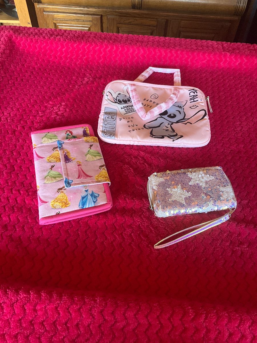 Disney Bundle Padded Stitch Bag Princess Wallet & Silver & White Sequin Purse