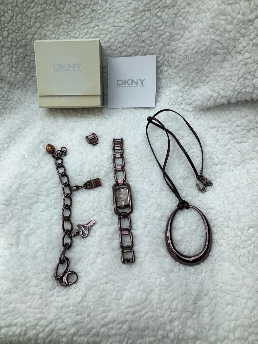DKNY Brown Bronze Stainless Steel Watch Bracelet & Necklace Set