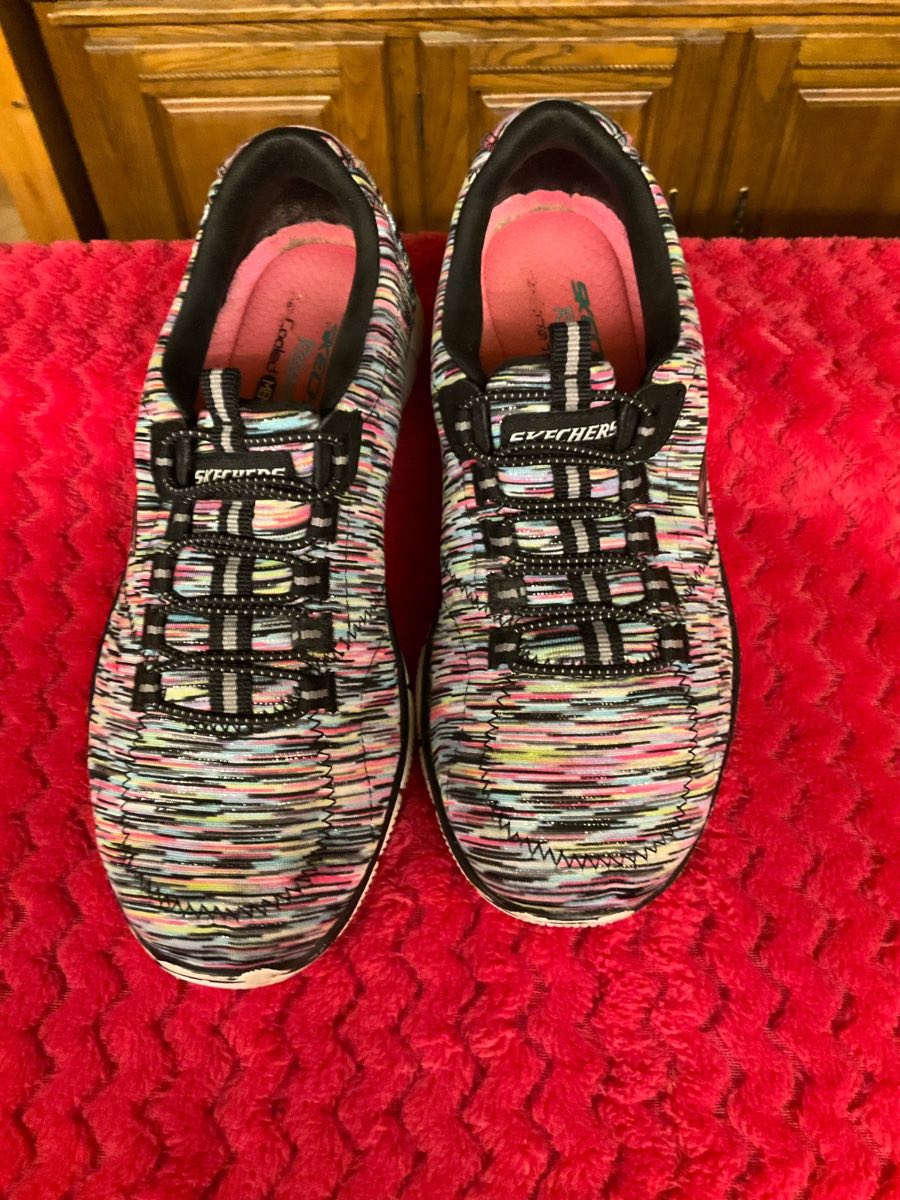 Skechers Stripey Glitter Trainers Slip On Memory Foam Relaxed Fit