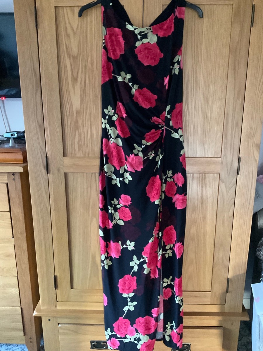 M&S Floral Dress Cinched Waist Sleeveless Tie UpChiffon Back Side Split Size 16
