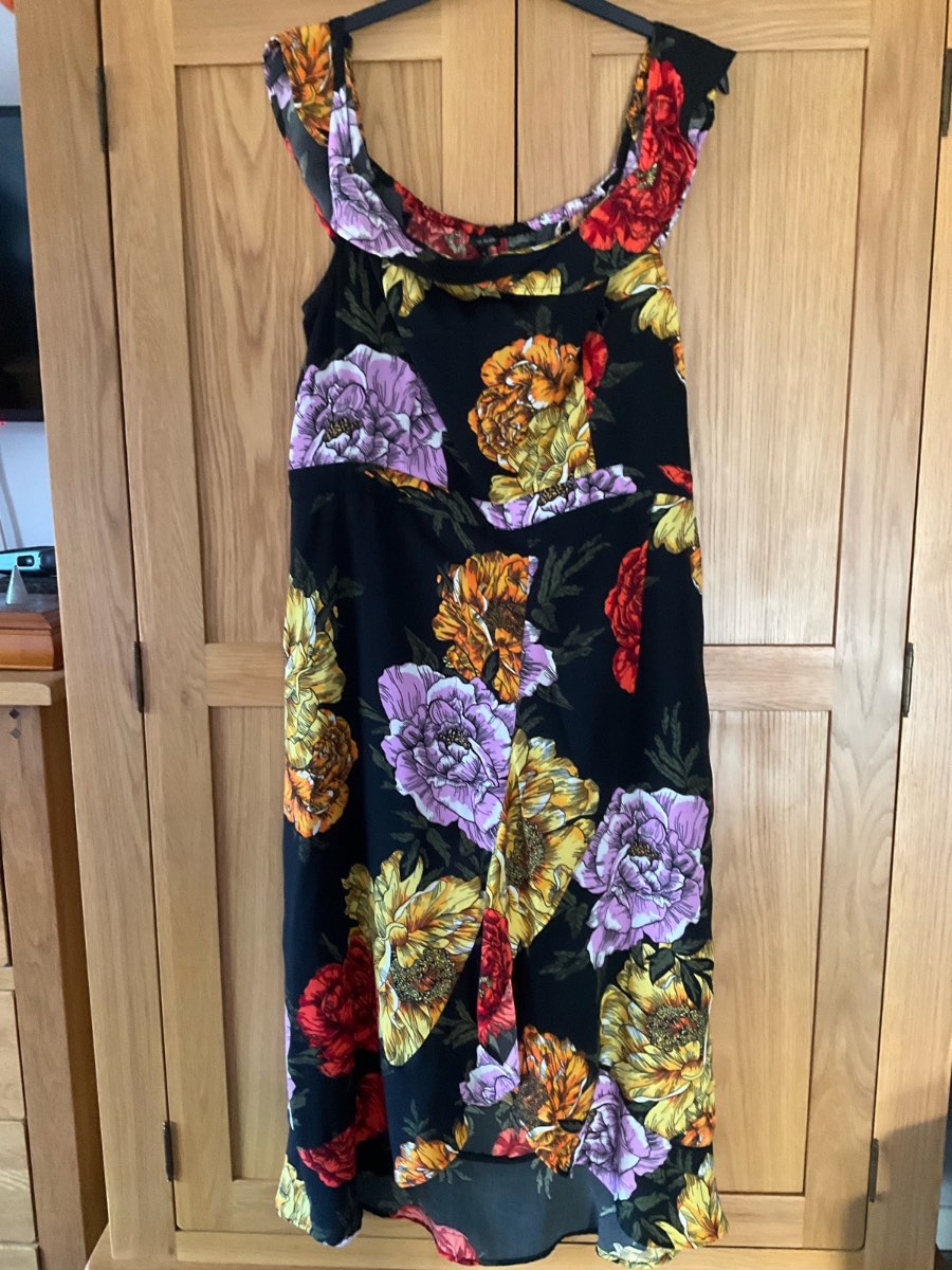 River Island Floral Sleeveless Dress with Dipped Hem & Frilly Neckline size 18