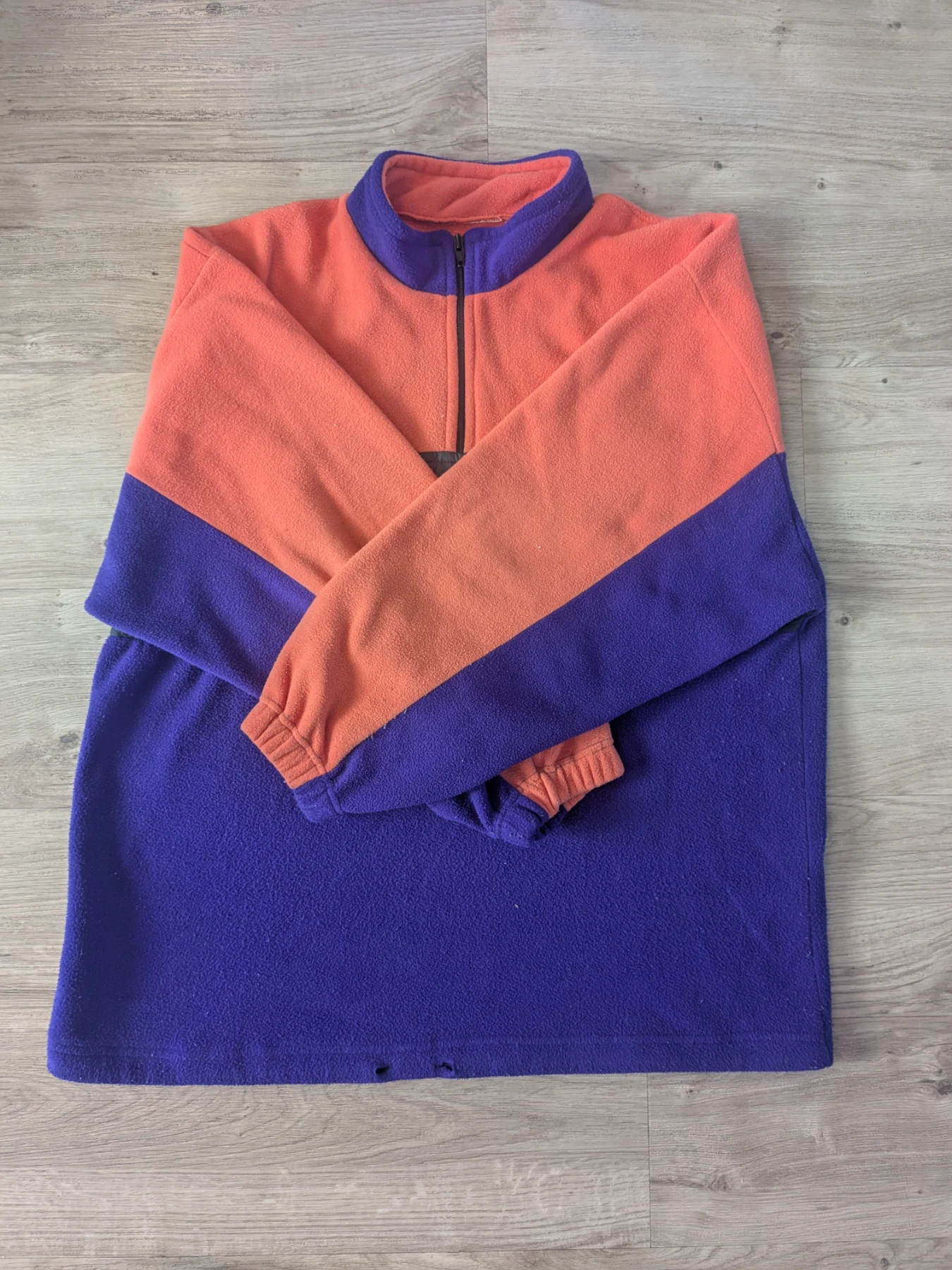 Purple Orange Colourblock Fleece 1/4 Zip Mock Neck Pullover Sweatshirt Size L