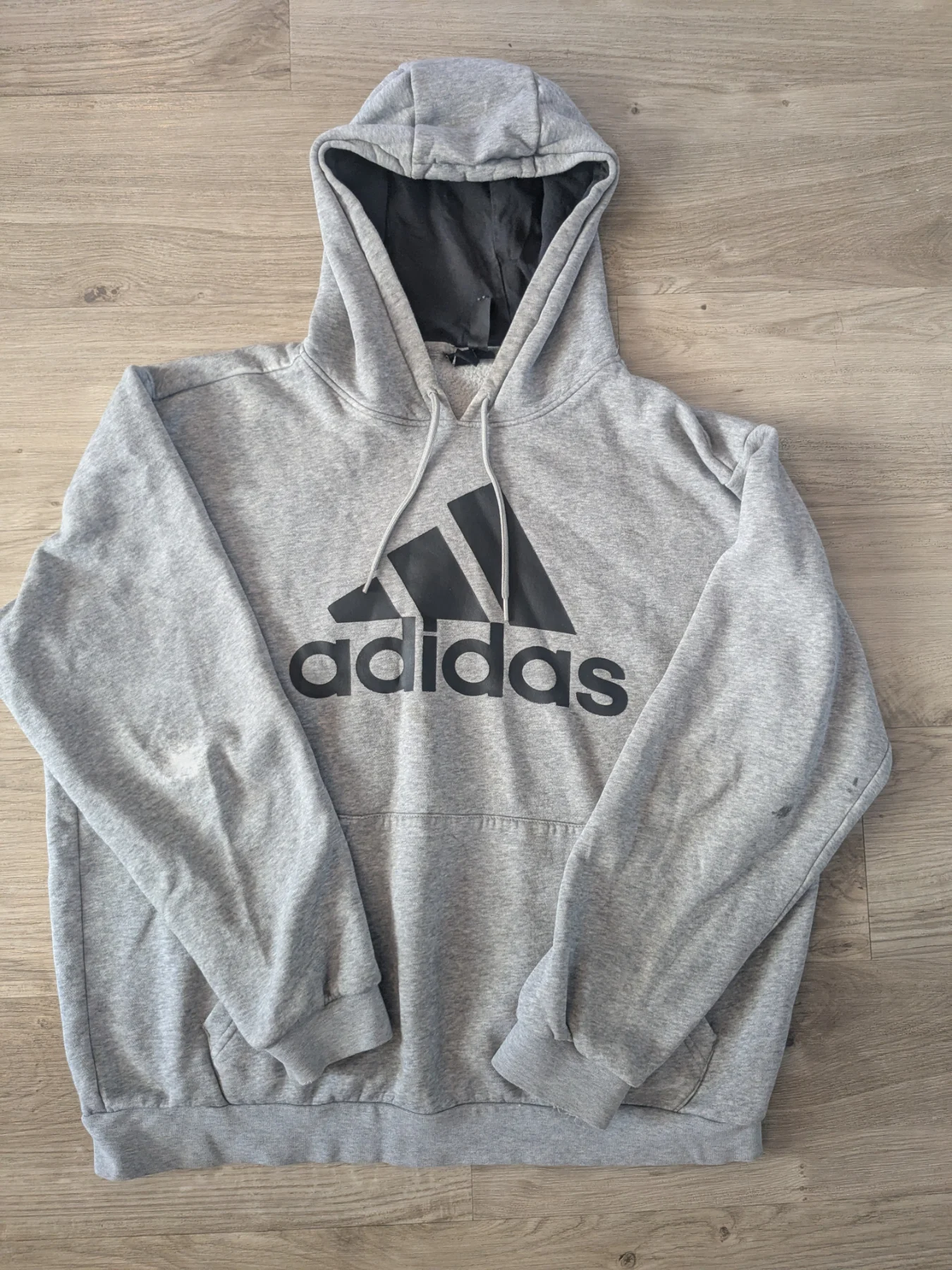 Adidas Grey Cotton Fleece Logo Hooded Pullover Hoodie Pockets Drawstring Size L