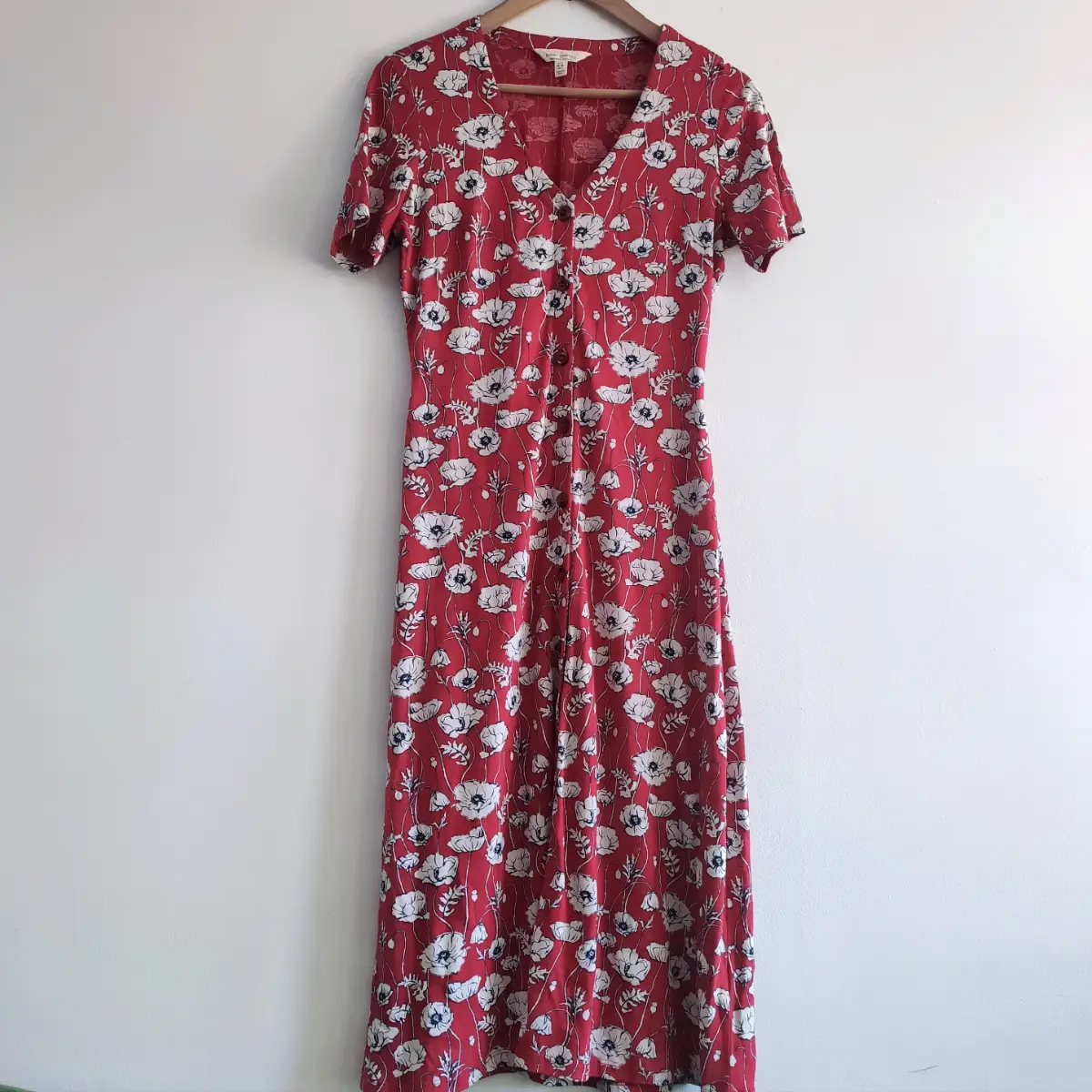 Seasalt Lilian Midi Dress Size 8 Red White Poppy Print Button Up Front Summer Holiday