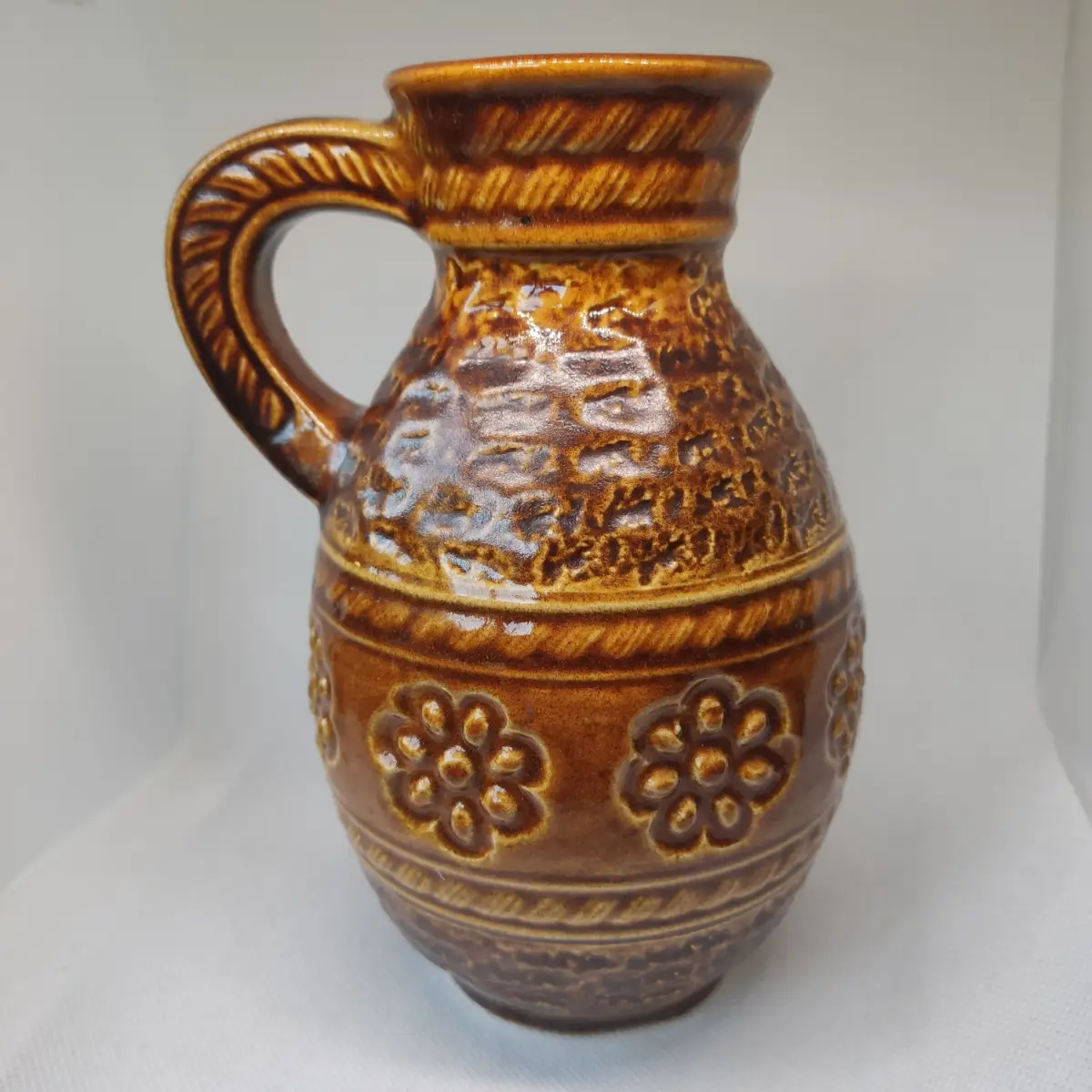 West German Pottery Bay Keramik Floral Jug Vintage 17cm Daisy Flower Rope Brown Glazed