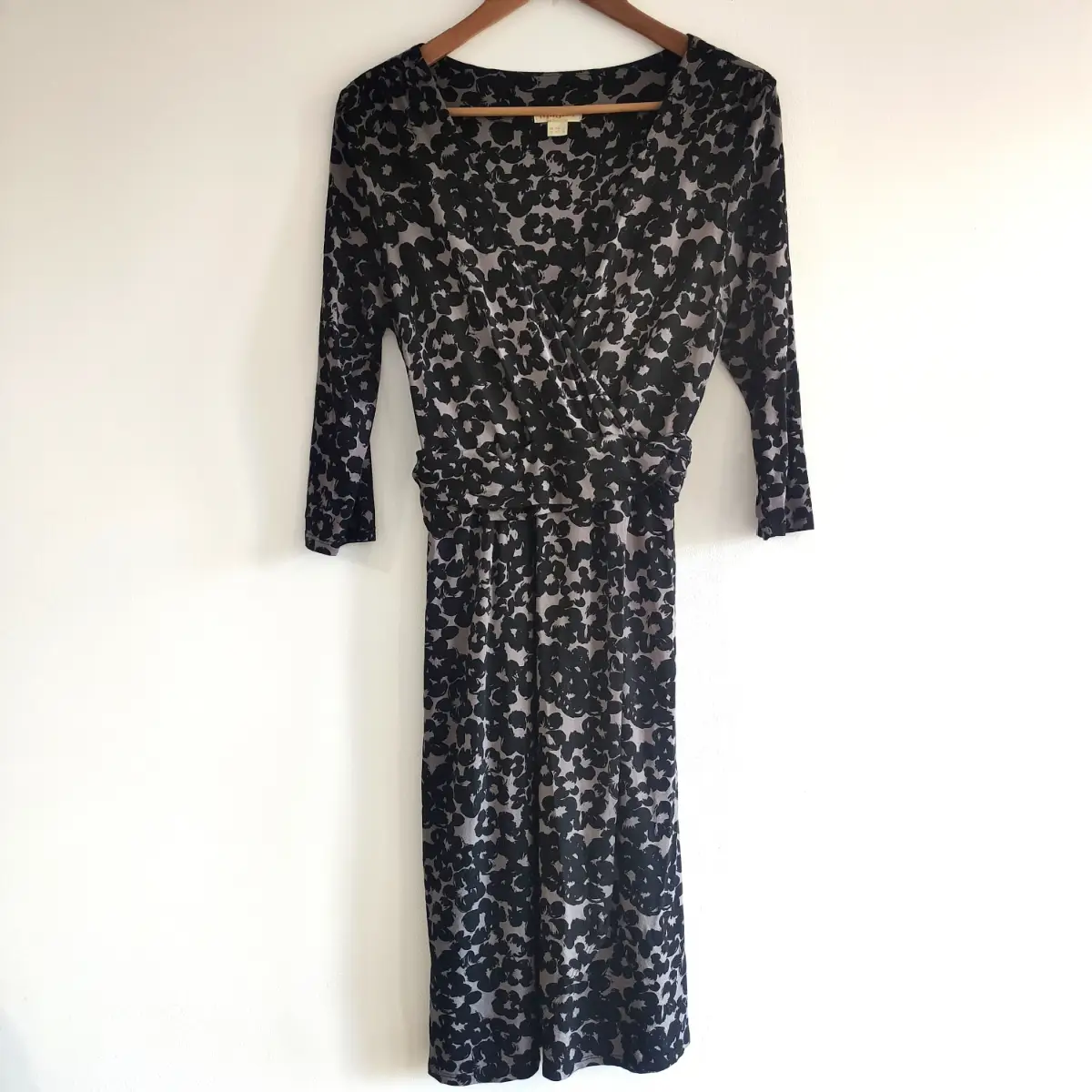 Monsoon Wrap Jersey Dress Size 14 Black Grey Tie Waist Floral Print 3/4 Sleeves Smart Casual