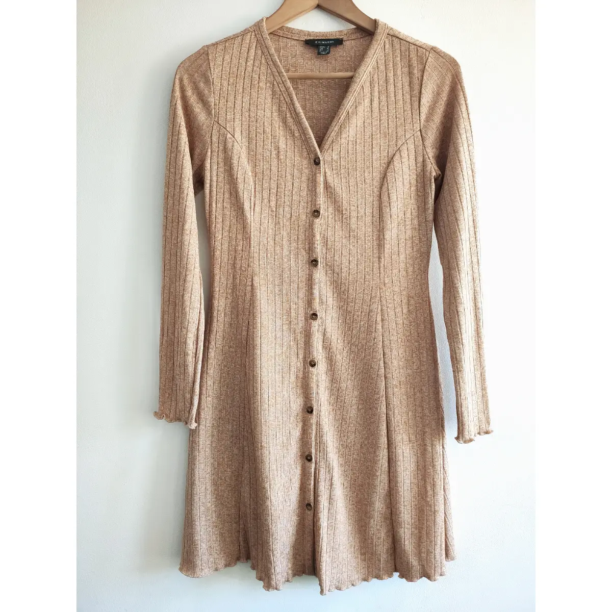 Ribbed Short Dress Size 8 Tan Beige Marl Button Front Long Sleeved Casual