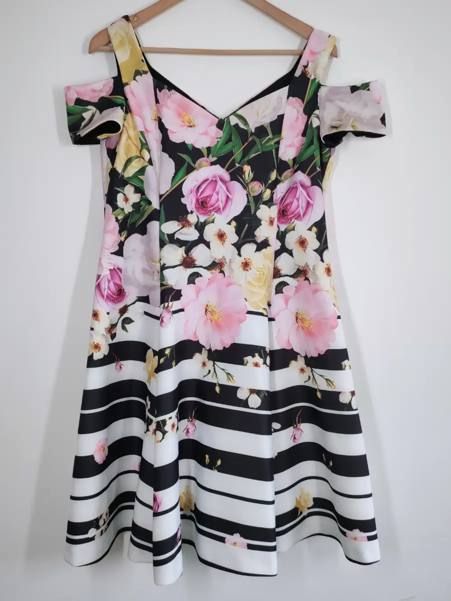 Roman Cold Shoulder Dress Size 16 Floral Striped Fit & Flare Wedding Party Occasion