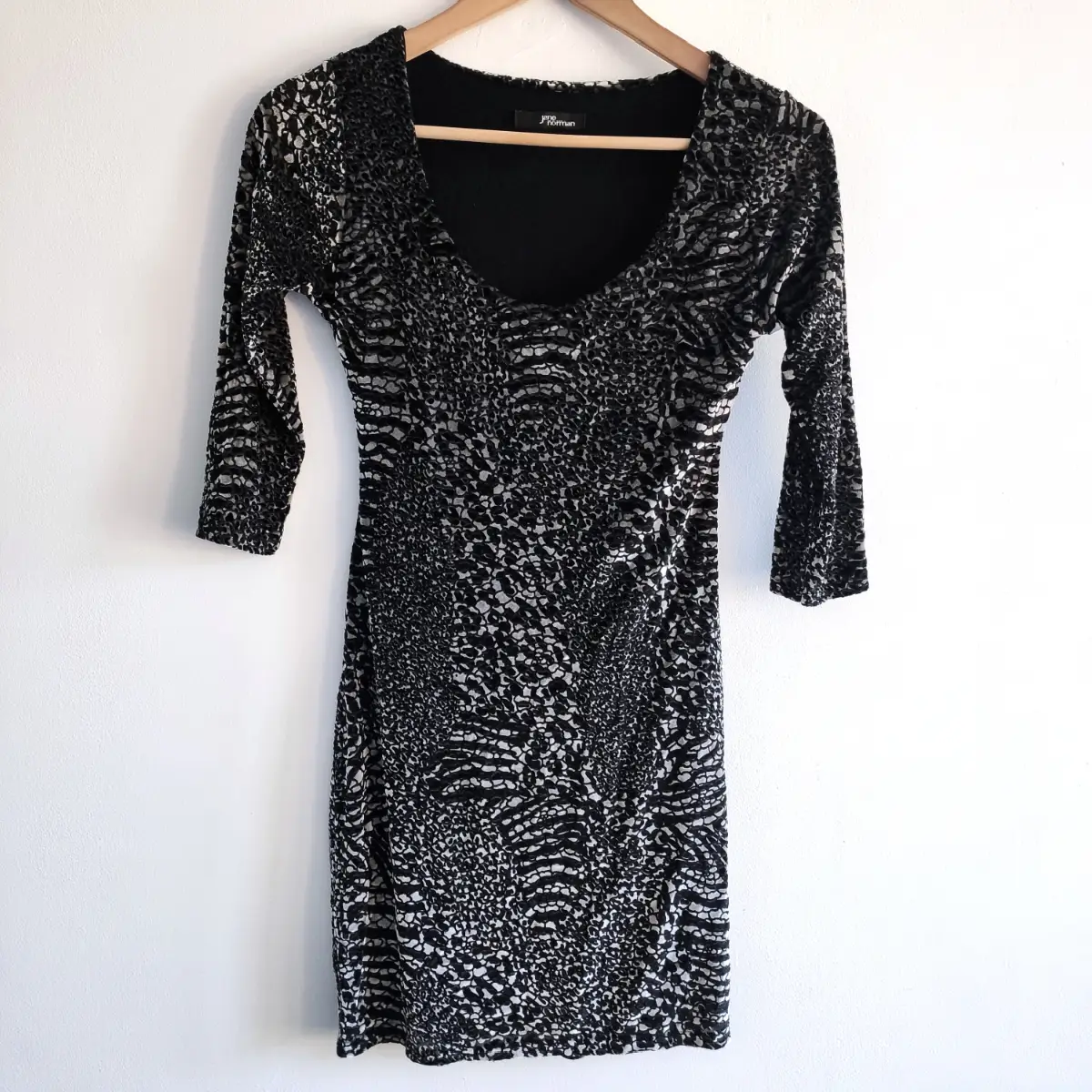 Jane Norman Y2K Bodycon Mini Dress UK 14 Animal Zebra Print Velvet Black Silver Vintage McBling 00s