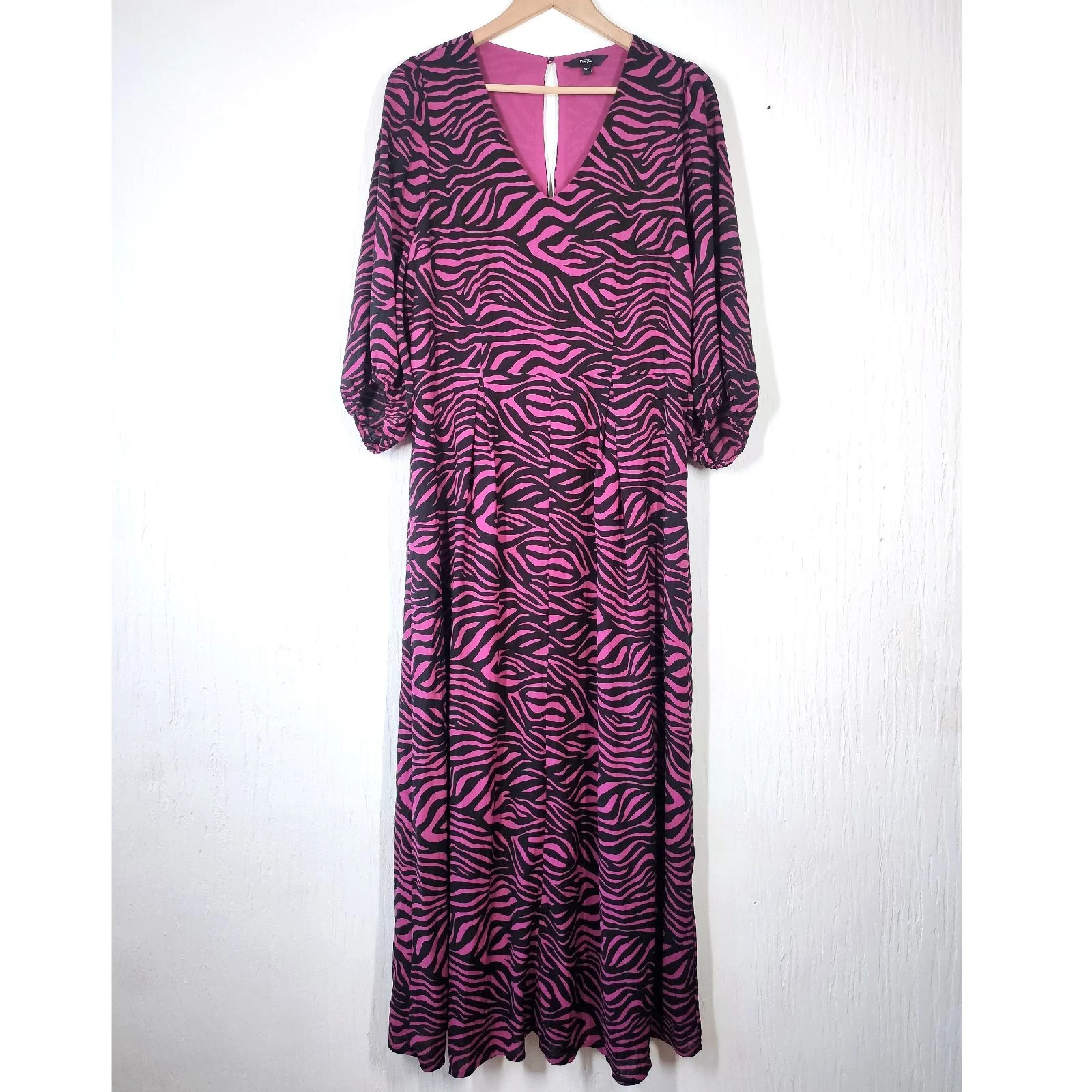 Next Pink & Black Zebra Print Long Dress Size 14 Tall 3/4 Sleeves V-Neck