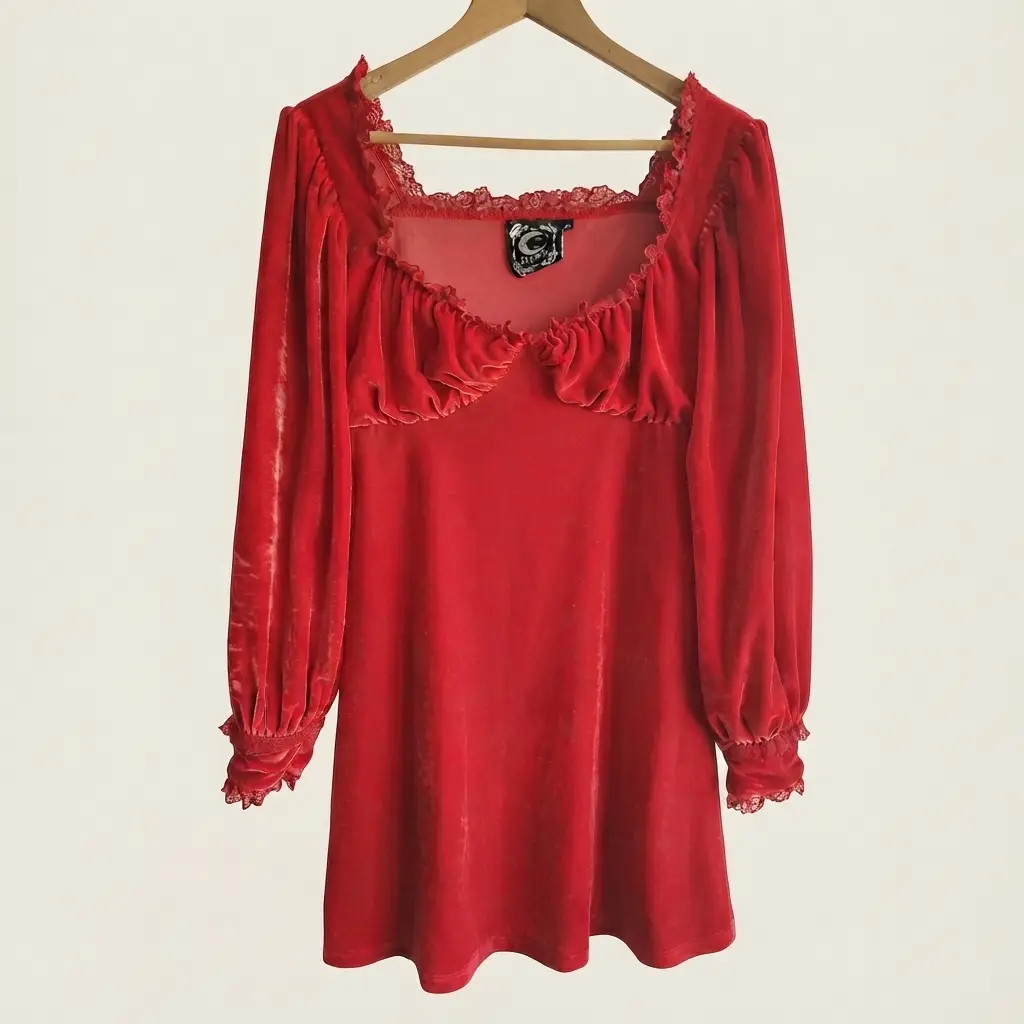 Killstar Red Velvet Mini Dress Size Medium Lace Trim Goth Alternative Emo Romantic Feminine