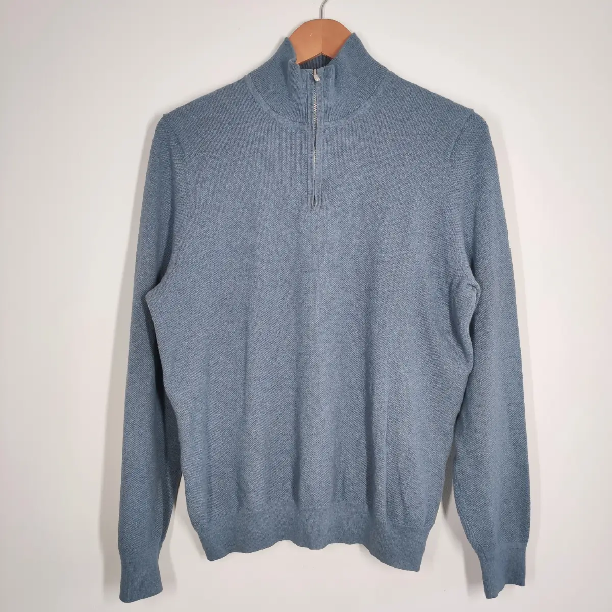John Lewis Quarter Zip Men's Jumper Size Medium Soft Cotton Cashmere Blue Pullover