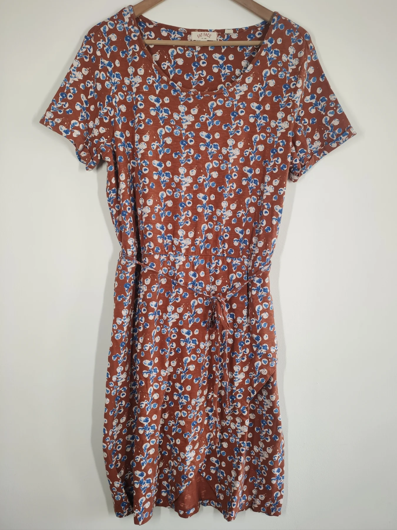 FatFace Summer Jersey Dress Size 12 Cotton Blend Brown Tan Blue