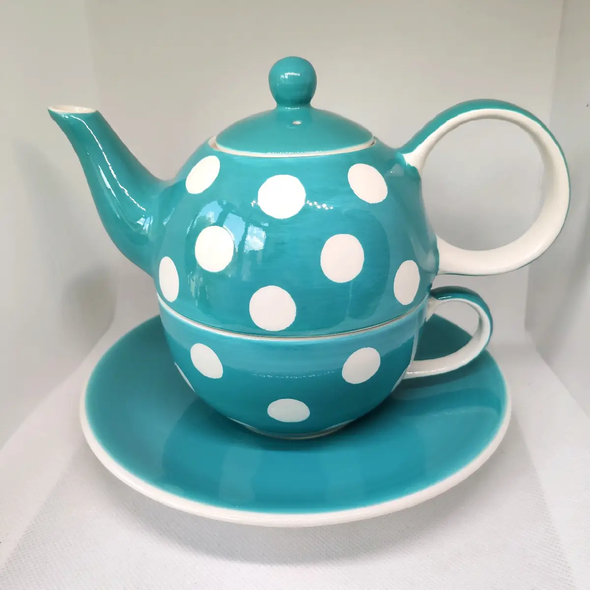 Whittard of Chelsea Teapot Cup Saucer Tea For One Teal White Spotted Dotty