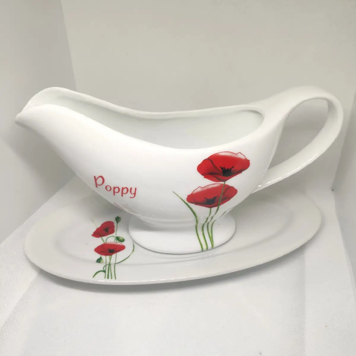 Dunelm Poppy Gravy Boat & Drip Saucer Set Ceramic White Red Green