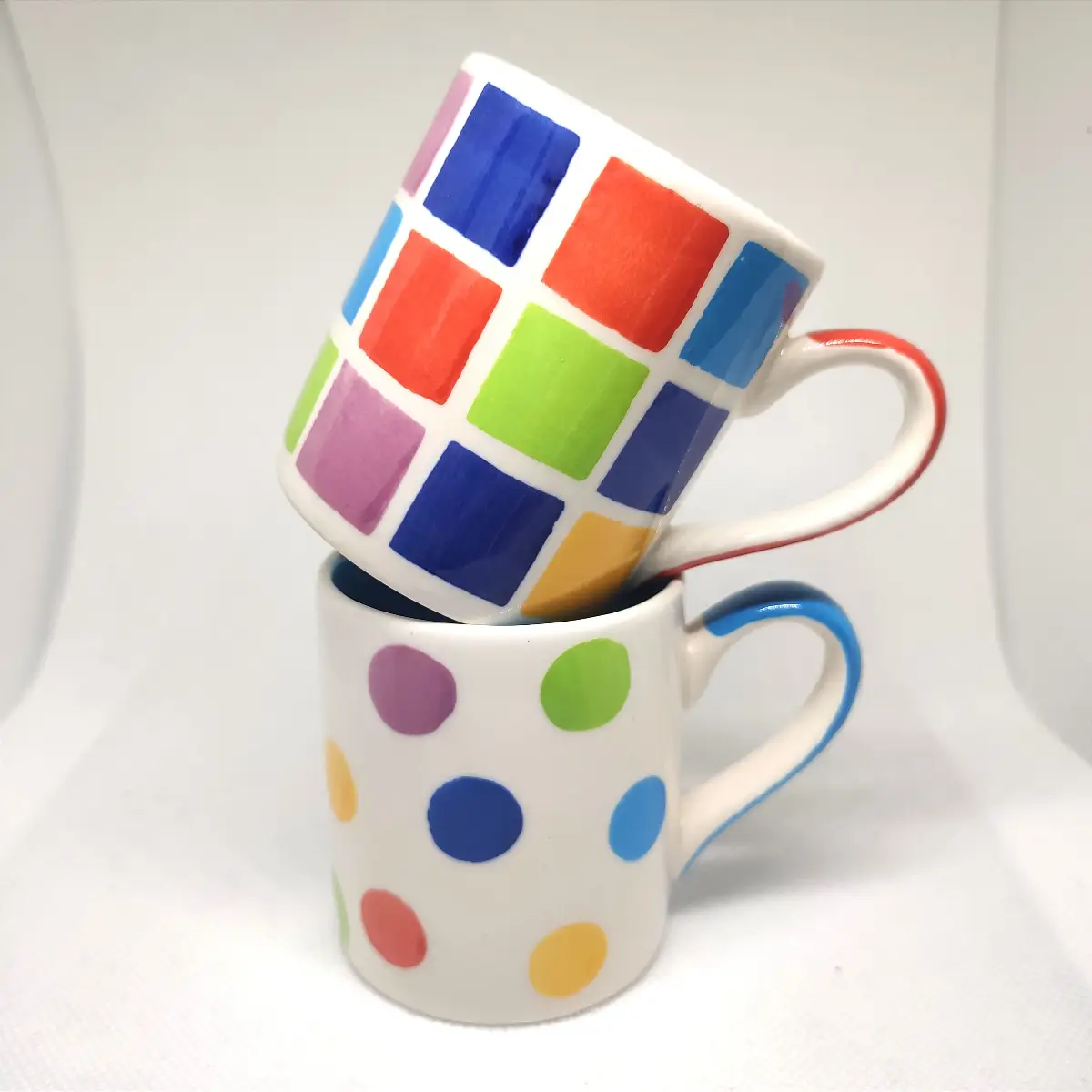 Whittard of Chelsea Espresso Mugs Set Hand Painted Geometric Squares Polka Dot