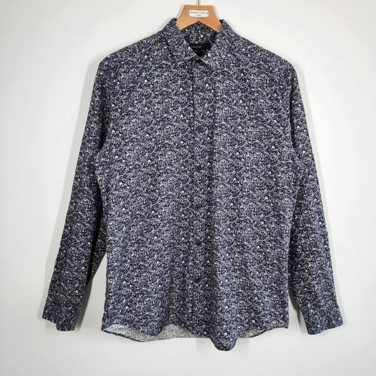 Autograph Floral Shirt Men's Size Medium Supima Cotton Black Purple White Smart Casual
