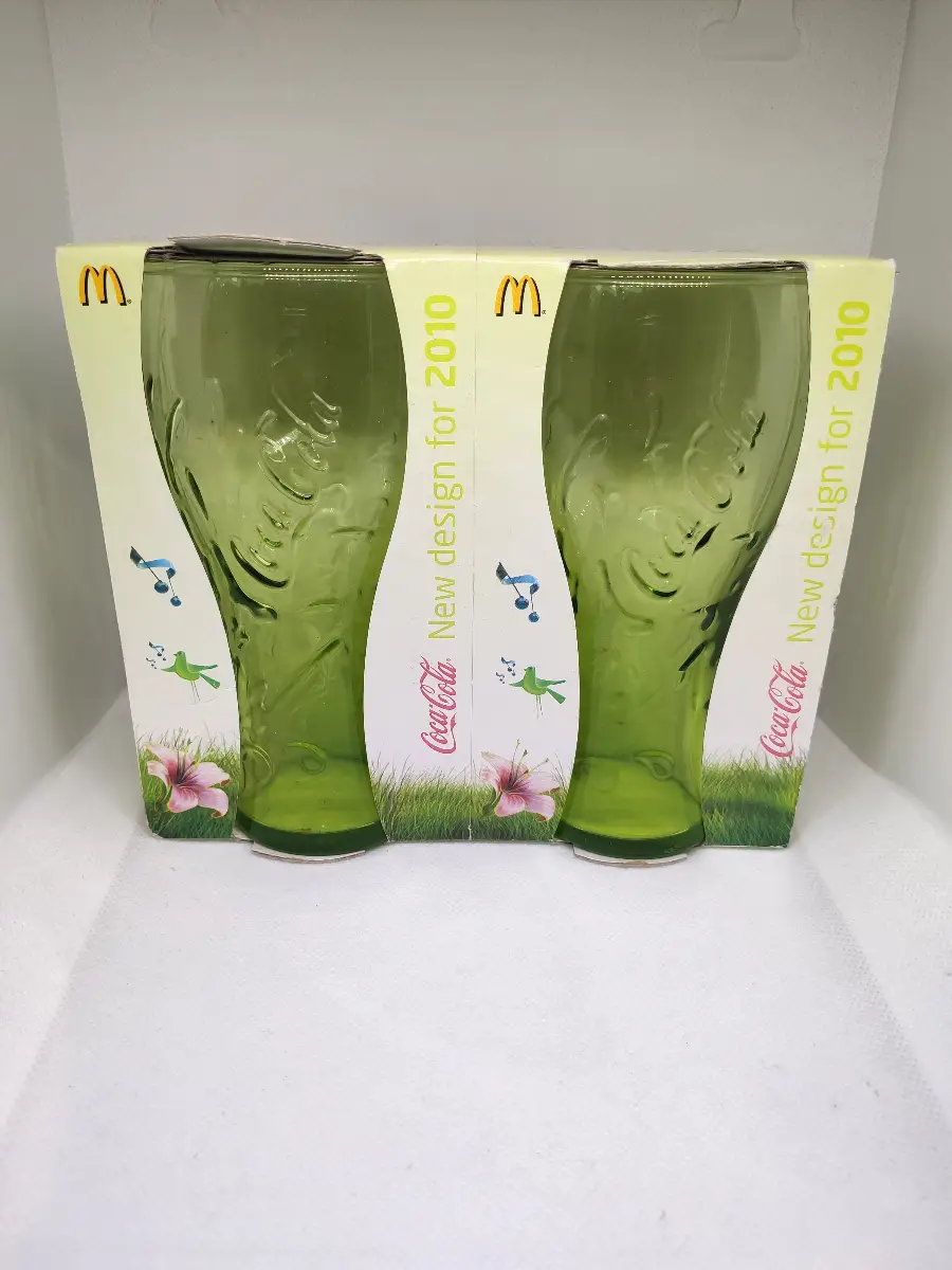 McDonalds Coca-Cola Lime Green Contour Glasses 2010 Set of 2 Original Boxes Coke