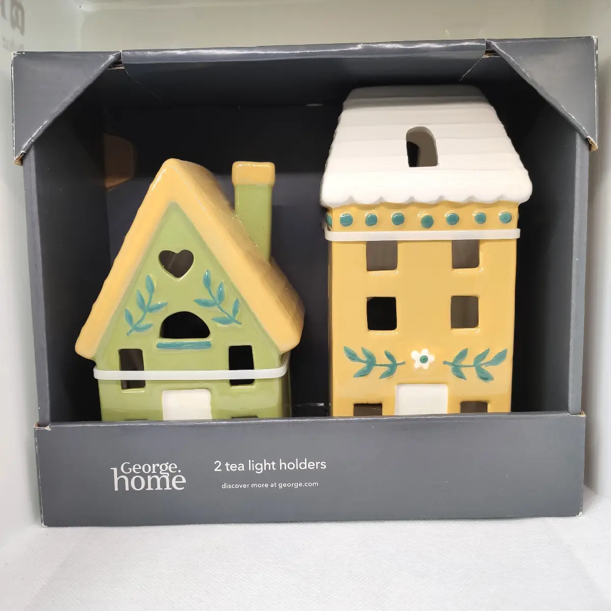 Cottage Tea Light Candle Holders Set of 2 Ceramic Houses Green Yellow Decor Gift