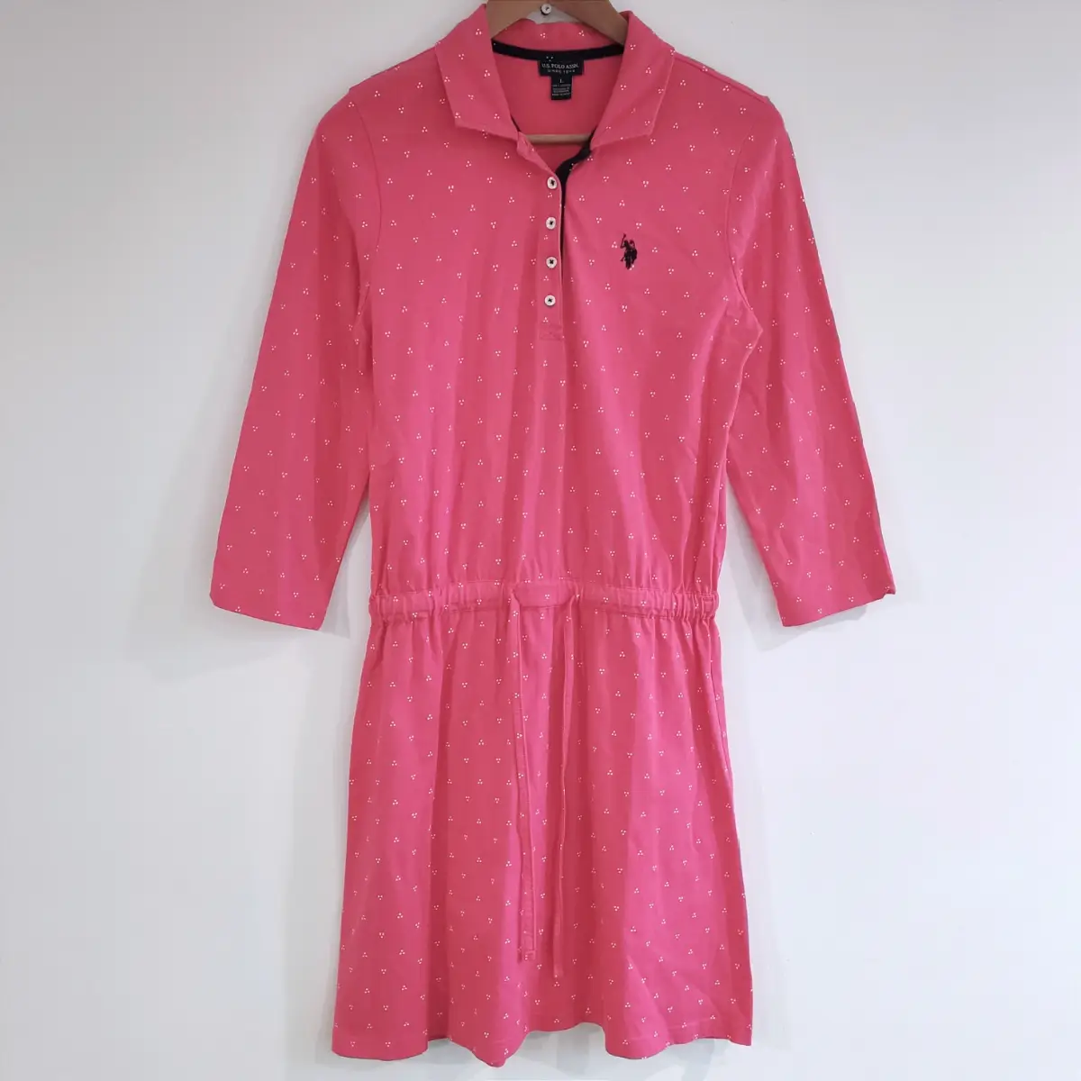 U.S Polo Assn. Dress Size Large 100% Cotton 3/4 Sleeves Pink Dotted Preppy Casual