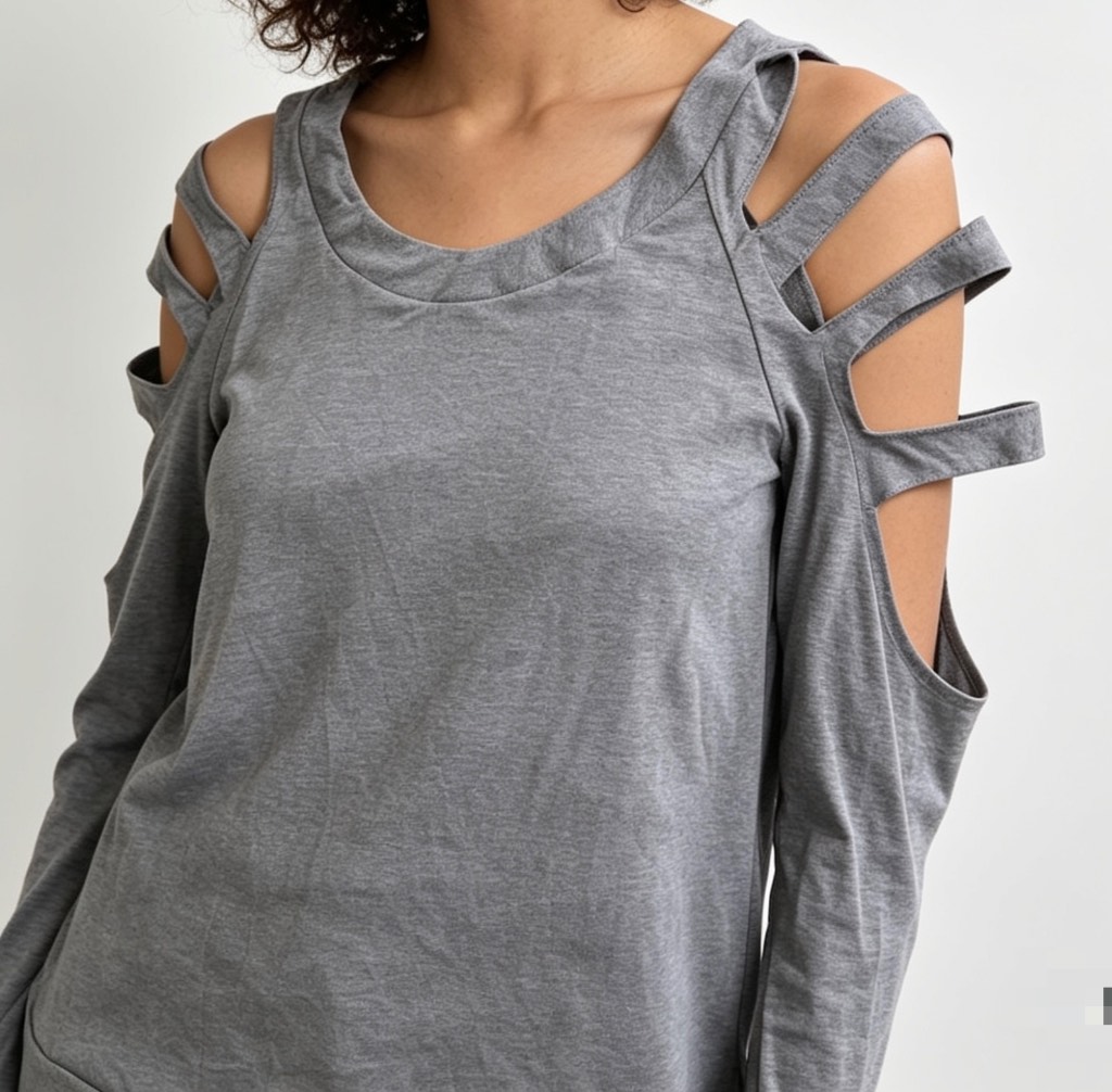 Auxo Collection Grey Cut-Out Shoulder Long Sleeve Top – Stylish & Modern Design Size L