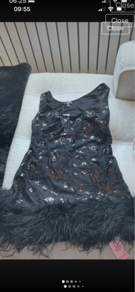 PLT shape sheer sequinned feather trimmed mini dress size 16