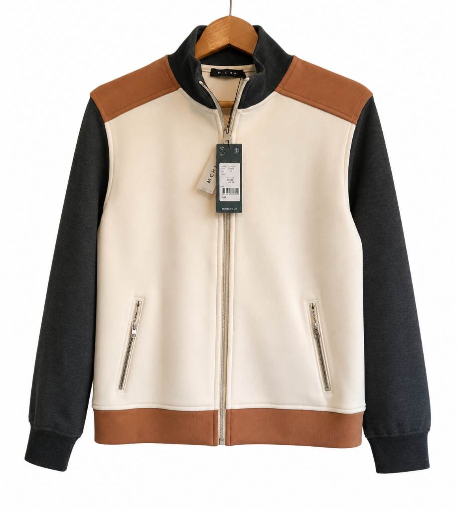 Micha Women’s Zip Front Sporty Jacket Cream Grey Brown Black Soft Stretch Jacket Size S BNWT